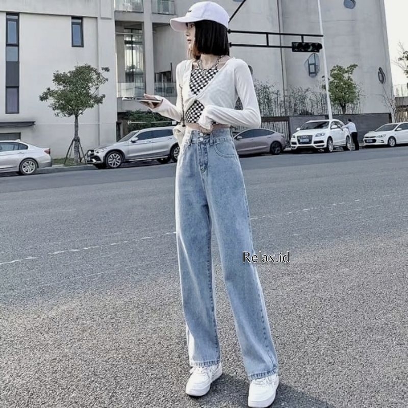 HIGHWAIST JEANS BATTON MODEL KOREA - CELANA LEVIS WANITA MODEL TERBARU