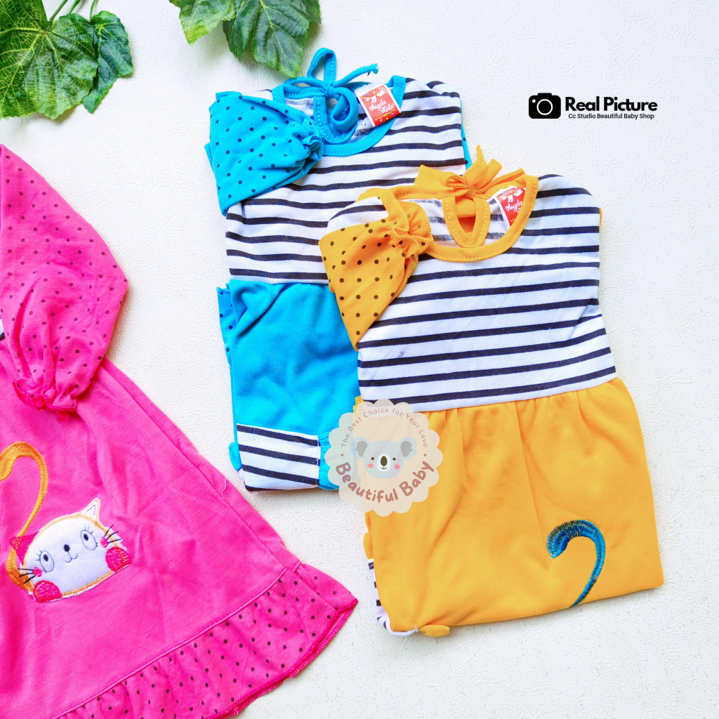 Baby.ou - Setelan Baju Bayi Muslim Perempuan 3-12 Bulan Motif Kucing / Set Hijab Bayi / Kerudung Bayi / Gamis Bayi Perempuan
