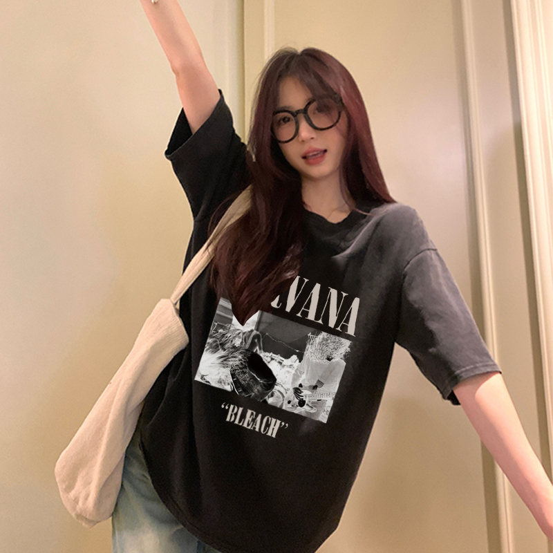 Print Washed T-shirt Kaos Lengan Pendek Oversize Hitam Retro Pattern Printing Korean Style Atasan Wanita