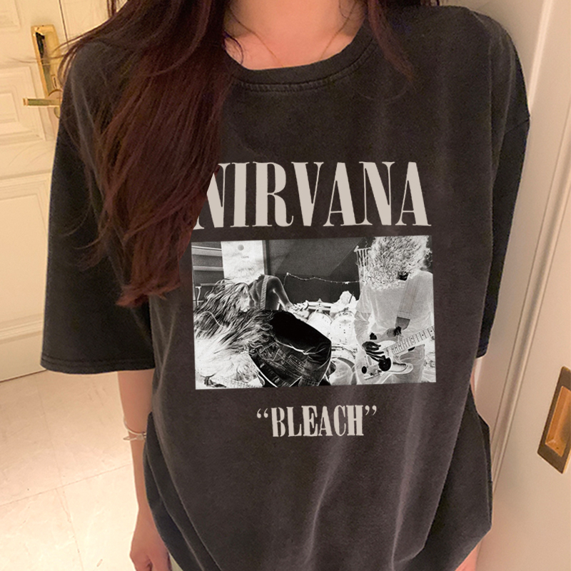 Print Washed T-shirt Kaos Lengan Pendek Oversize Hitam Retro Pattern Printing Korean Style Atasan Wanita