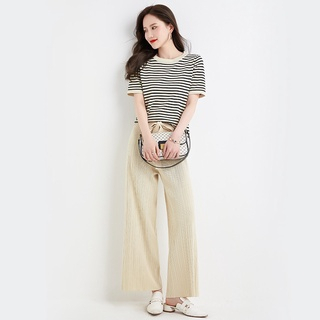 【Premium】Elegant Korean Summer  Highwaist Long Pants &amp; Short Sleeve T-Shirt One Set 7479