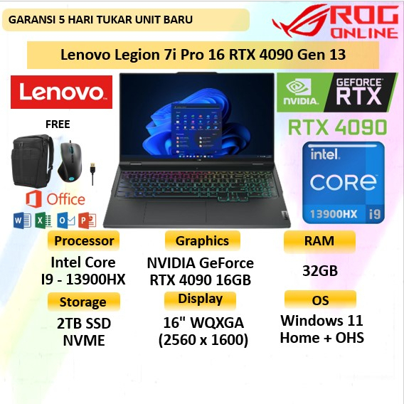 Lenovo Legion 7i Pro 16 RTX 4090 Core i9 13900HX 32GB 2TB SSD Windows 11 Home + OHS 16.0" WQXGA 240Hz PKRGB - LAPTOP GAMING LENOVO TERBARU