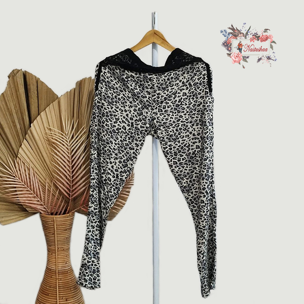 Celana Panjang Wanita Motif Leopard / Tutul Bahan Rayon Pant Wanita Slim Fit Kombinasi Renda High Waist Kasual Kekinian Fit L