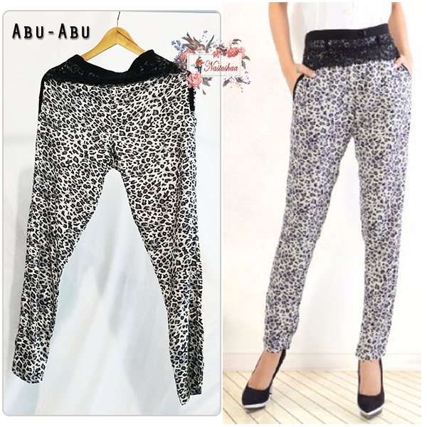 Celana Panjang Wanita Motif Leopard / Tutul Bahan Rayon Pant Wanita Slim Fit Kombinasi Renda High Waist Kasual Kekinian Fit L