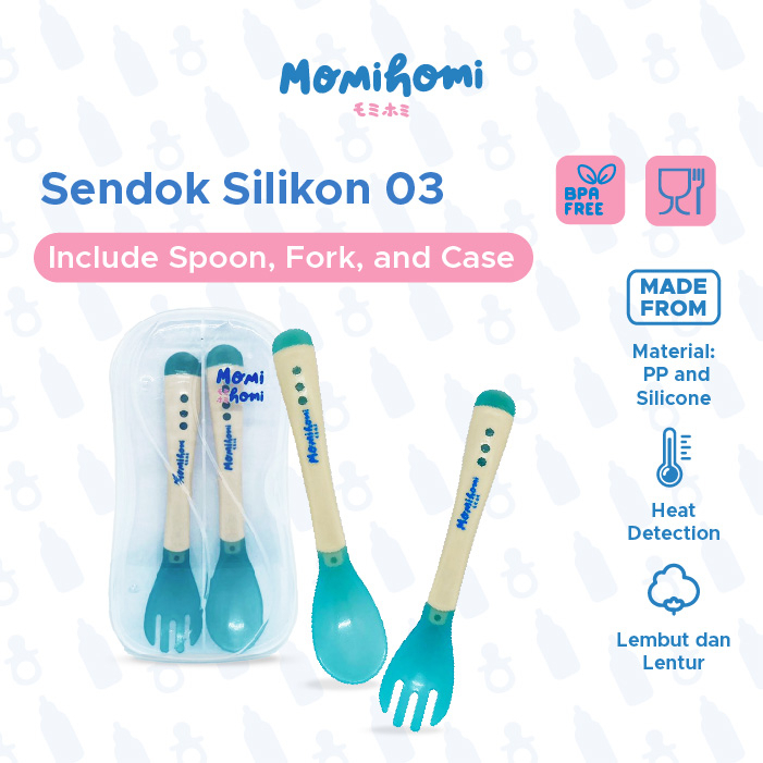 MOMI HOMI Sendok Makan Bayi Silikon Set 03 Sendok dan Garpu dengan Box Peralatan Perlengkapan MPASI Pengubah Suhu Bayi Silikon Lembut Sensor Panas Peralatan Makan Bayi