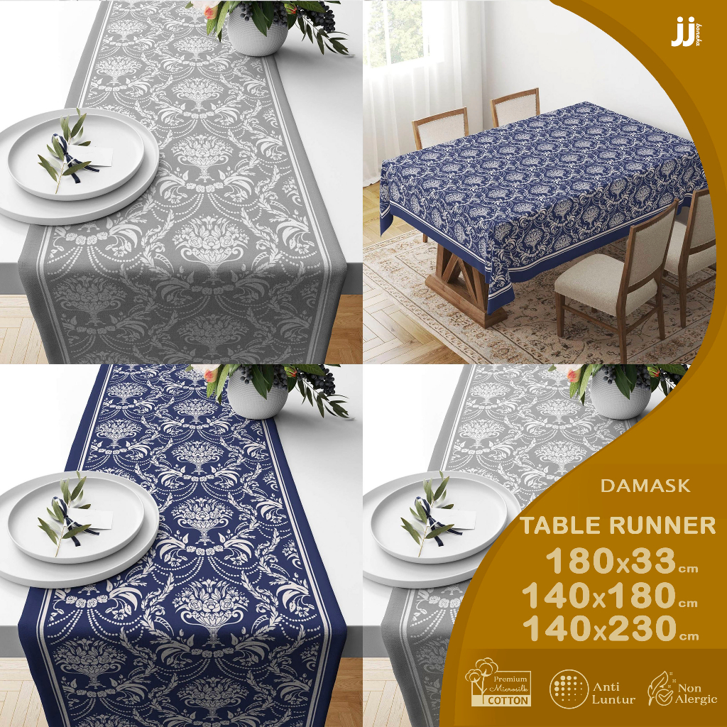 TABLE RUNNER TAPLAK MEJA PRINT MOTIF DAMASK BLUE GREY 180X33 / 140X180 / 140X230 CM