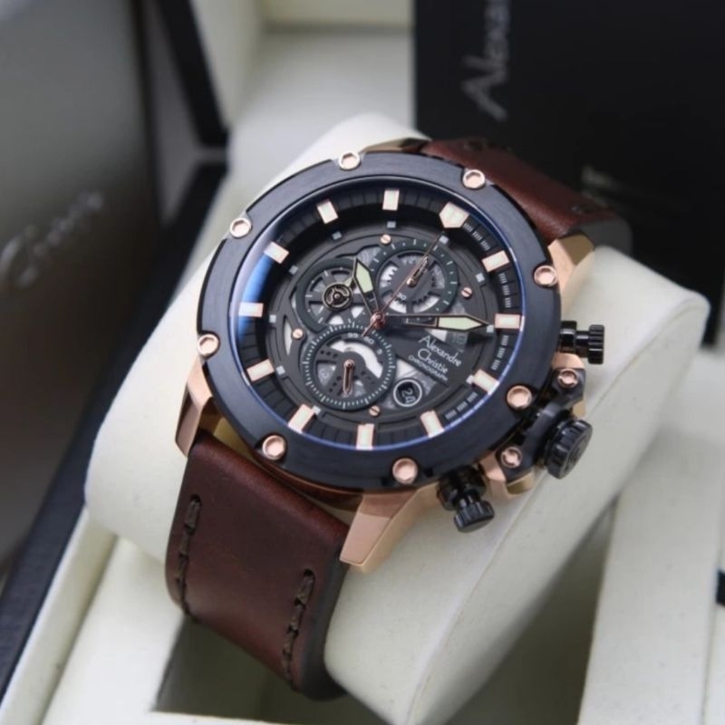 jam tangan pria alexander cristie original ac6564 black rosegold leather brown