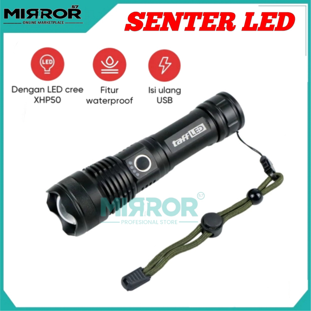 Senter LED USB Recharge XHP50 Waterproof with Baterai 18650 + EU Adaptor