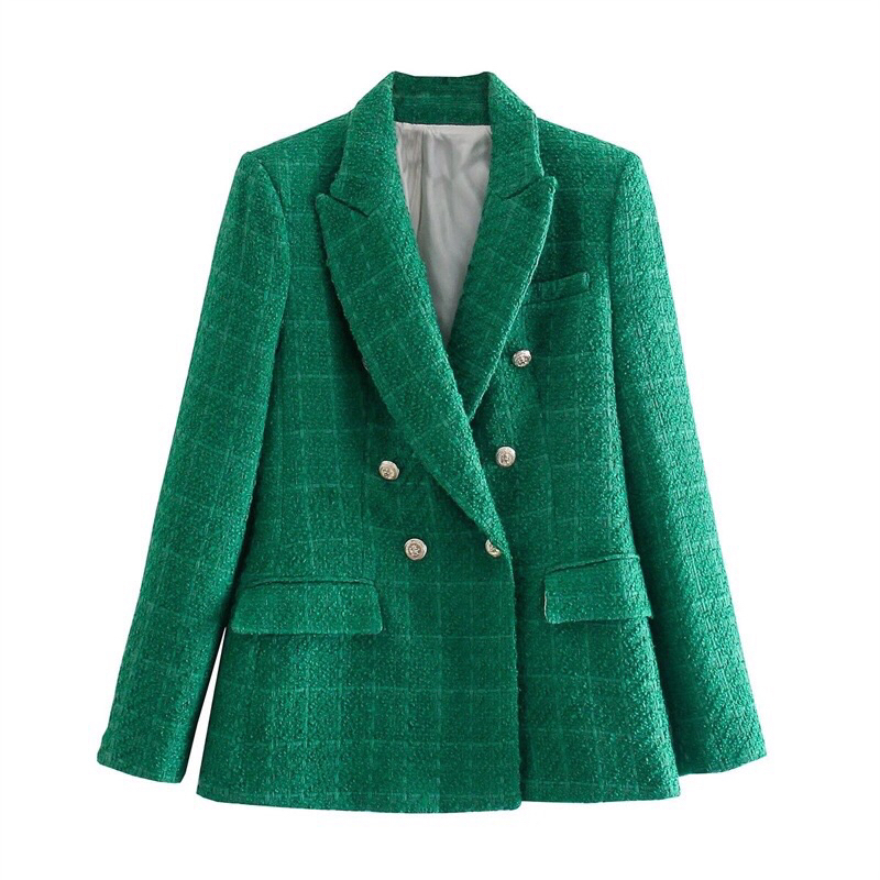 Korean Tweed Blazer Wanita Hijau Emerald Full Furing Wol Mewah Import