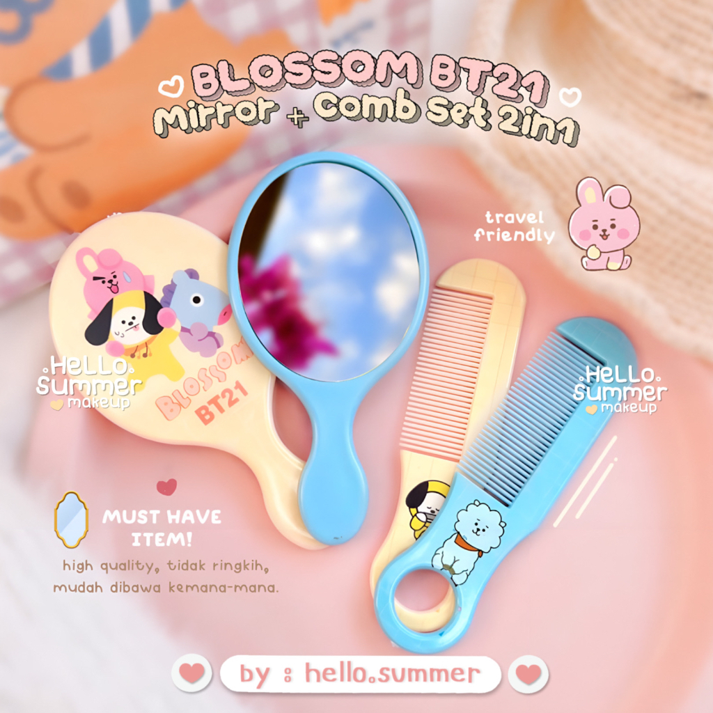 BEAUTY TOOLS Blossom BT21 Mirror &amp; Comb Set 2in1 Kaca Sisir Set Travel High Quallity