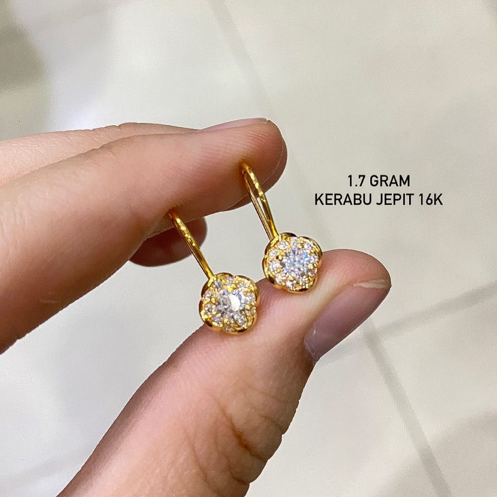 Anting desi anak dan dewasa emas asli kadar 70 16k amero solitaire diamond look bintang bunga giwang kerabu gantung drop
