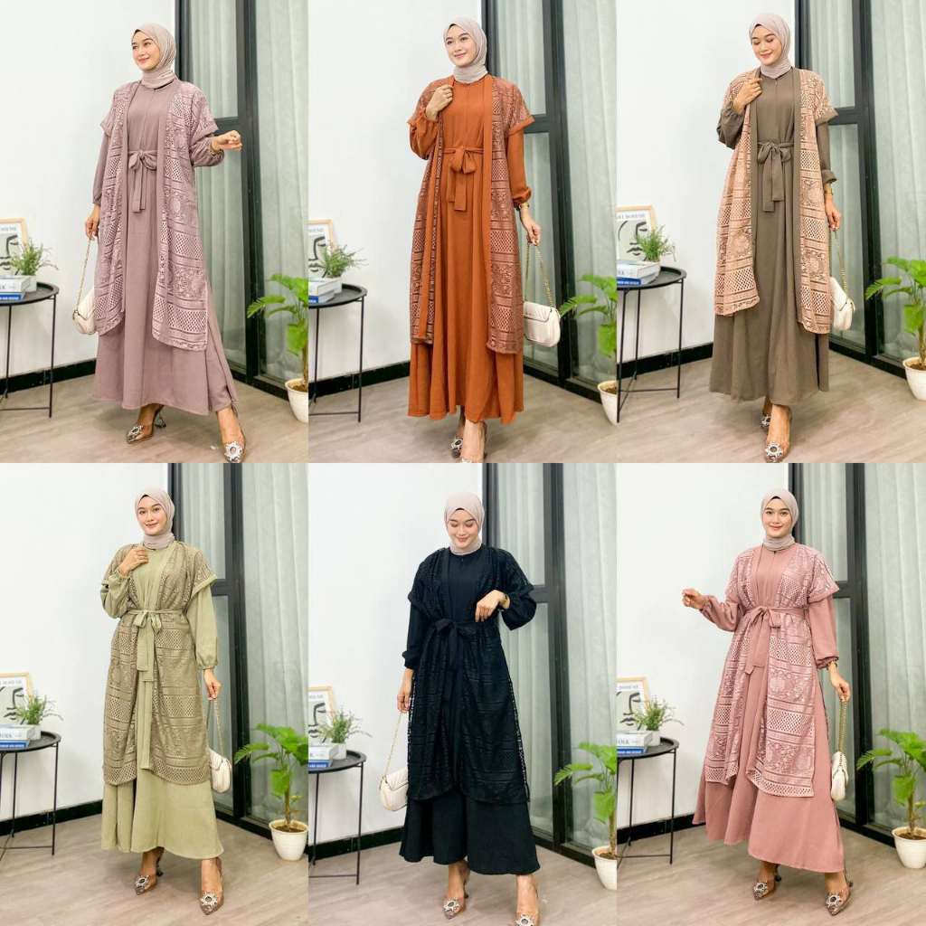 Ameena Gamis Crinkle Airflow Set Outer Brokat Malika ORI Premium Busui Friendly Tali Lepas Pasang