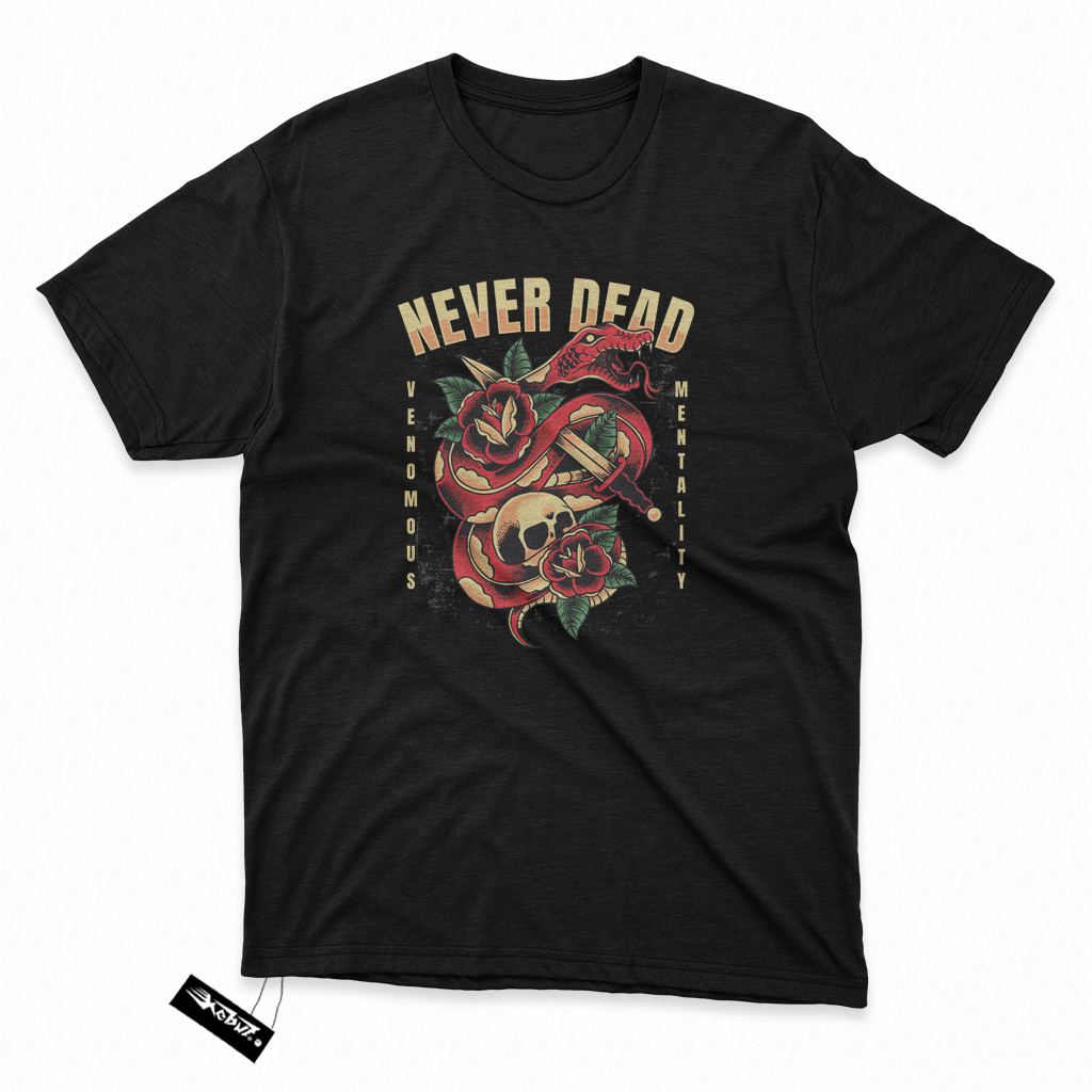 KAOS TENGKORAK ULAR Never Dead - Kain Katun Tshirt / baju distro Keren gambar desain ilustrasi origi