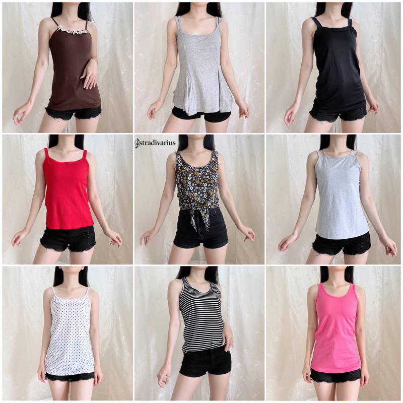 Tank Top Collections - H&M Cotton On White Blue Crop Tali Spaghetti Atasan Lengan Buntung Katun Stre