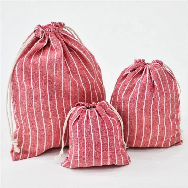 Pouch serut drawstring pouch bahan katun motif salur korean style