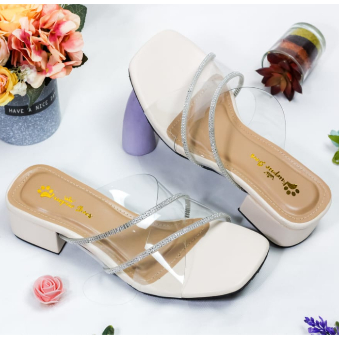 SANDAL HEELS WANITA ELIEV CREAM HAK 3 CM BIG SIZE 41 42 43 44 45 PAWPAW