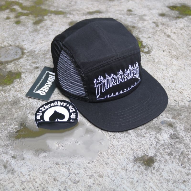 Topi 5 panel thrasher flame outline hitam TOPI PRIA TOPI WANITA