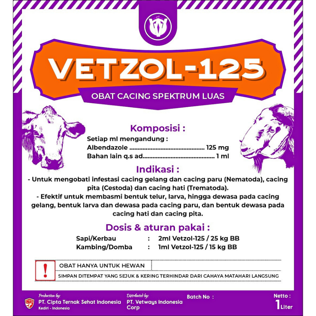 VETZOL 125 1 Liter | Obat Cacing Hewan Sapi Kambing Domba Babi Ayam | Obat Cacing Spektrum Luas