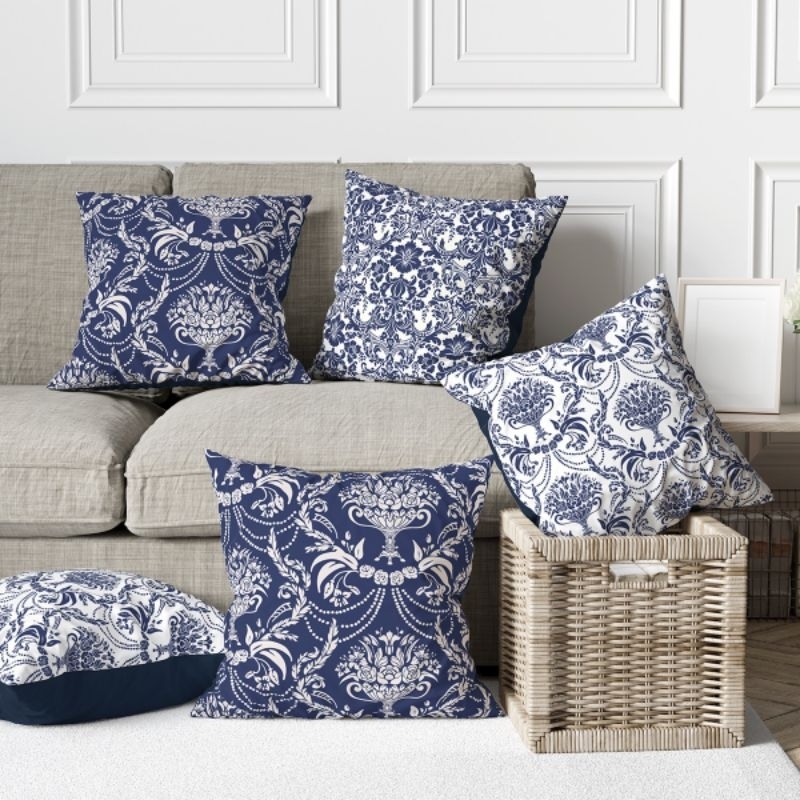 SARUNG BANTAL SOFA PRINT 40X40 CM MOTIF ABSTRAK DAMASK BIRU ABU BLUE GREY