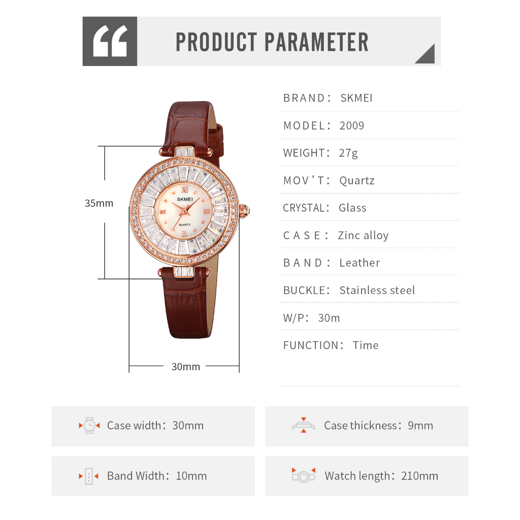 SKMEI 2009 Jam Tangan Wanita Analog Tali Kulit Diamond Case WATCHKITE WKOS