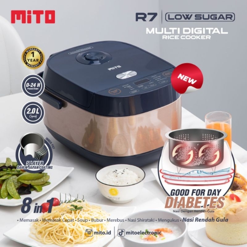 Mito R7 Less Sugar 8 in 1 Glow Multi Digital Rice Cooker 2 Liter 8 in 1 Menu Japan Quality - Original