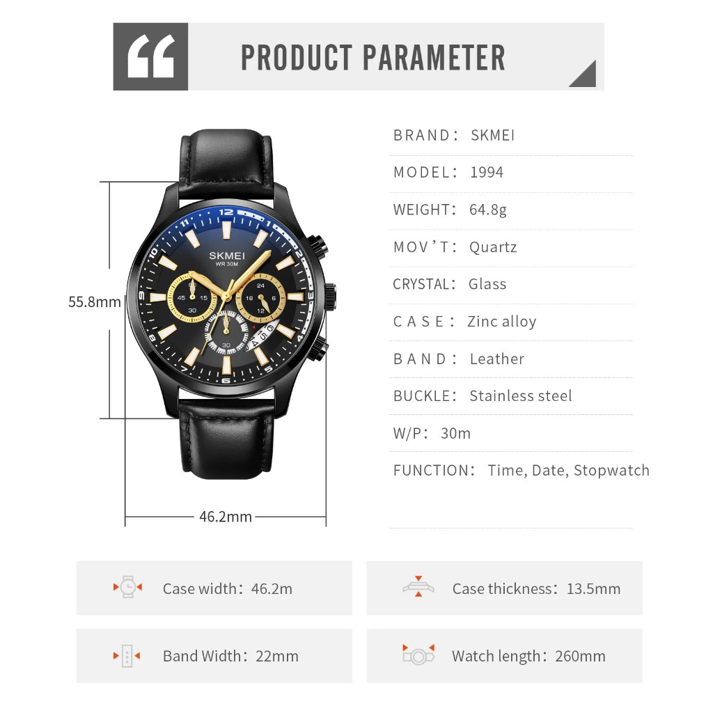 SKMEI 1994 Jam Tangan Pria Analog Model Classic Tali PU Leather WATCHKITE WKOS