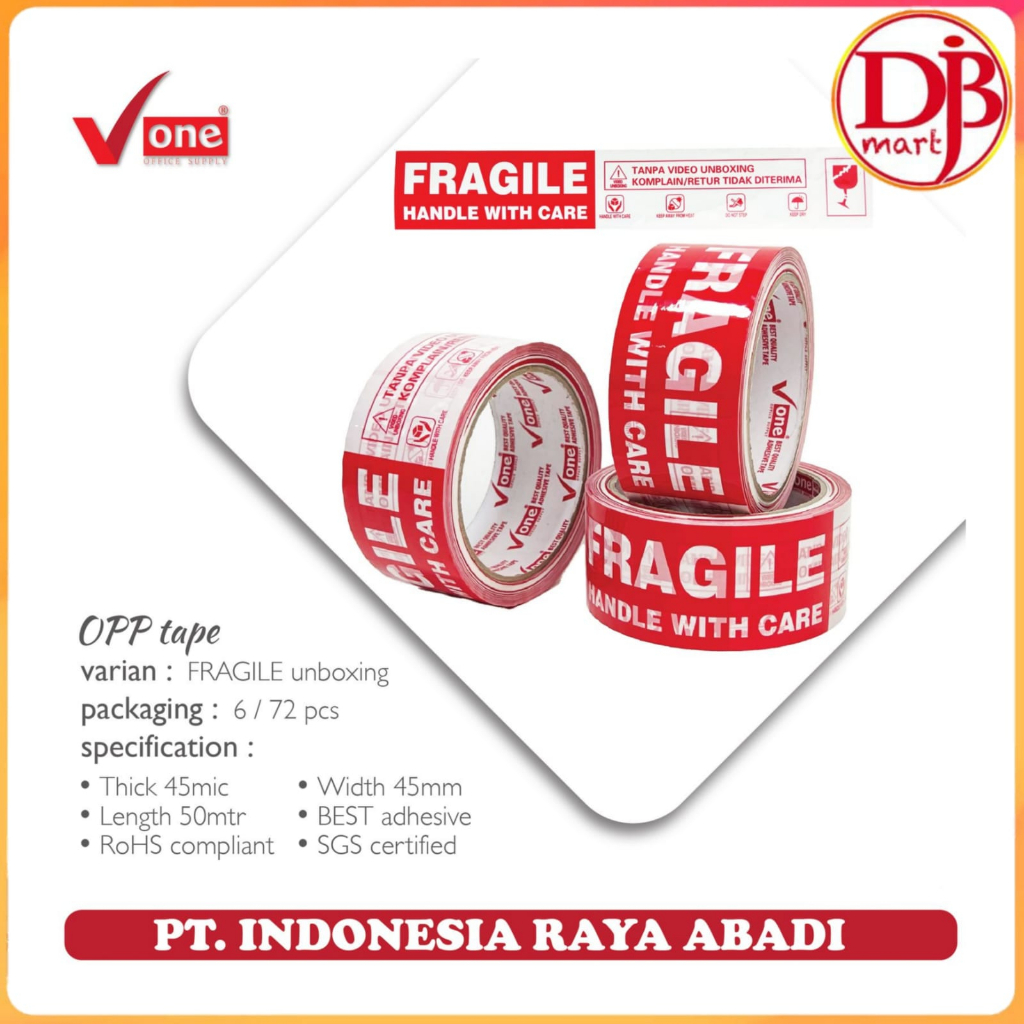 

DJB - Lakban Fragile Unboxing 45mm x 50 meter Merek V One / Opp Tape Perekat V-One