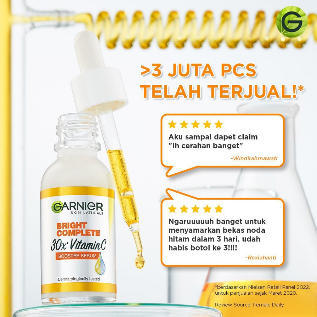 Garnier Light BRIGHT Complete Vitamin C 30x Booster SERUM Wajah (Cerahkan Noda Hitam) - 30 ml / 15 ML / Sachet 7,5 ML - Yuzu Kuning Ukuran Kecil Besar Sacet Saset BPOM Wajah Putih Glowing