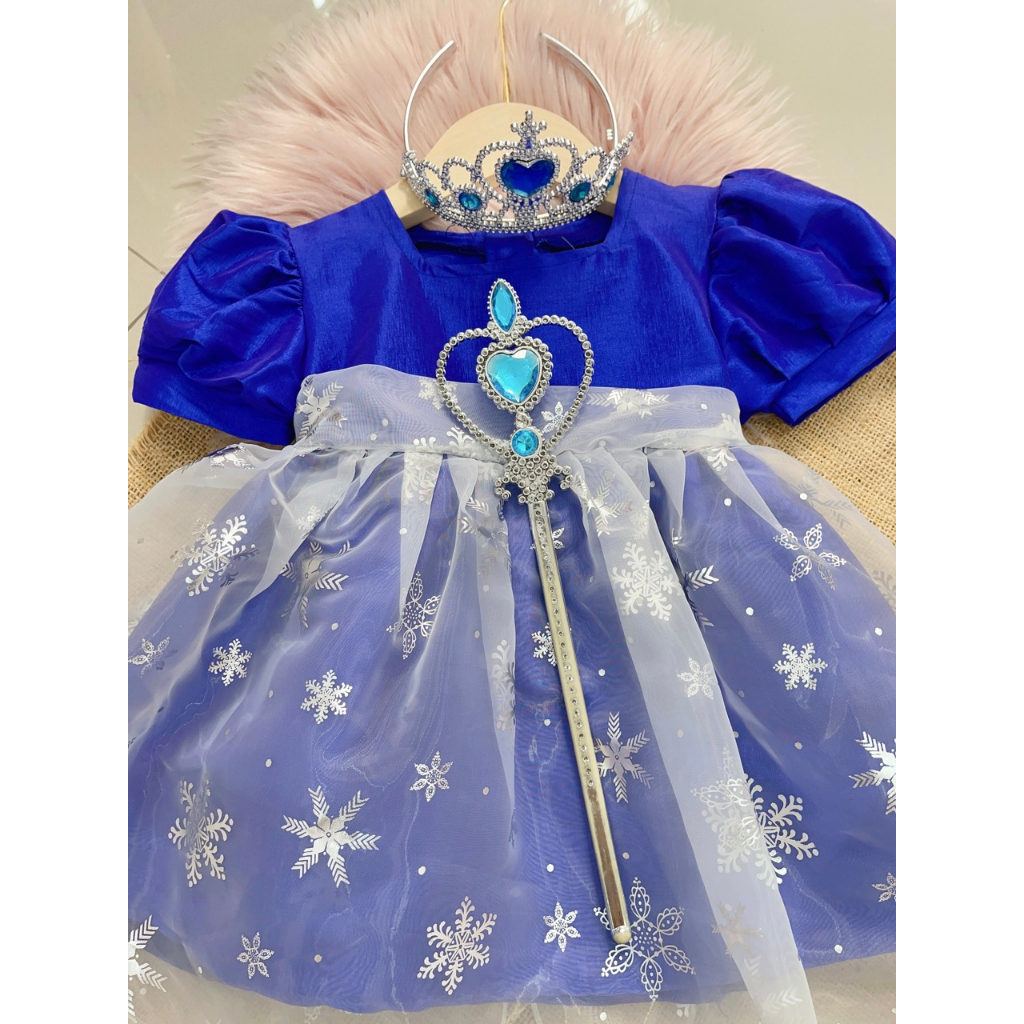 Dress Import Anak BIru Tua Pita Snowflake (Gratis Crown Set)