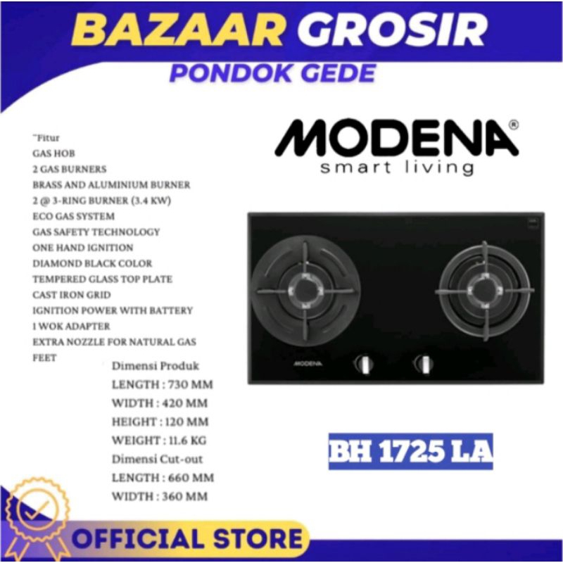 KOMPOR TANAM MODENA BH 1725 LA / BH1725LA / BH-1725LA BUILT IN HOB 2 TUNGKU