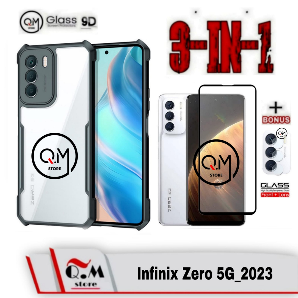 Paket 3 in1 Case Infinix Zero 5G 2023 Softcase Transparan Armor Acrilik Pelindung Back Cover