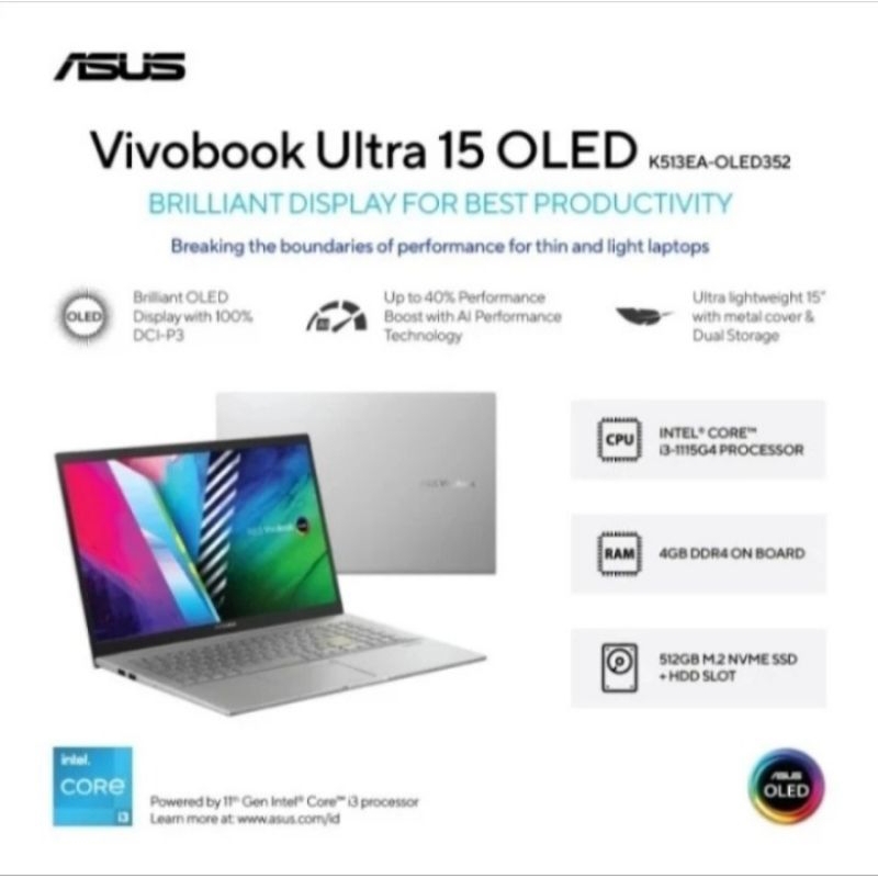 ASUS VIVOBOOK K513EA Intel Core i3-1115G4 / 4gb / 512gb / 15" OLED / W11+OHS