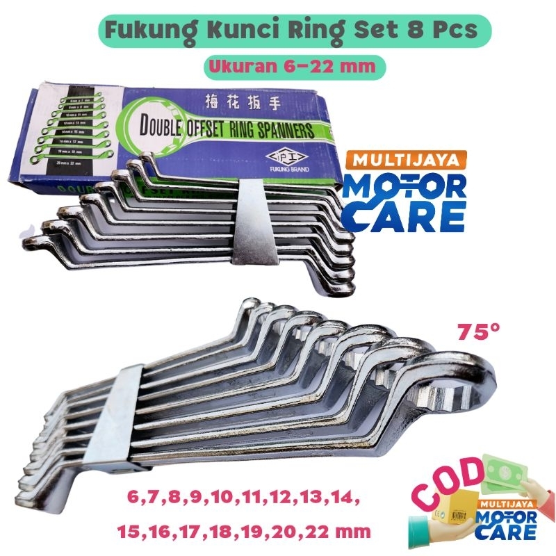 Fukung Kunci Ring Set 8 Pcs 6 - 22 mm Double Ring Spanner Set 75°6,7,8,9,10,11,12,13,14,15,16,17,18,19,20,22 mm