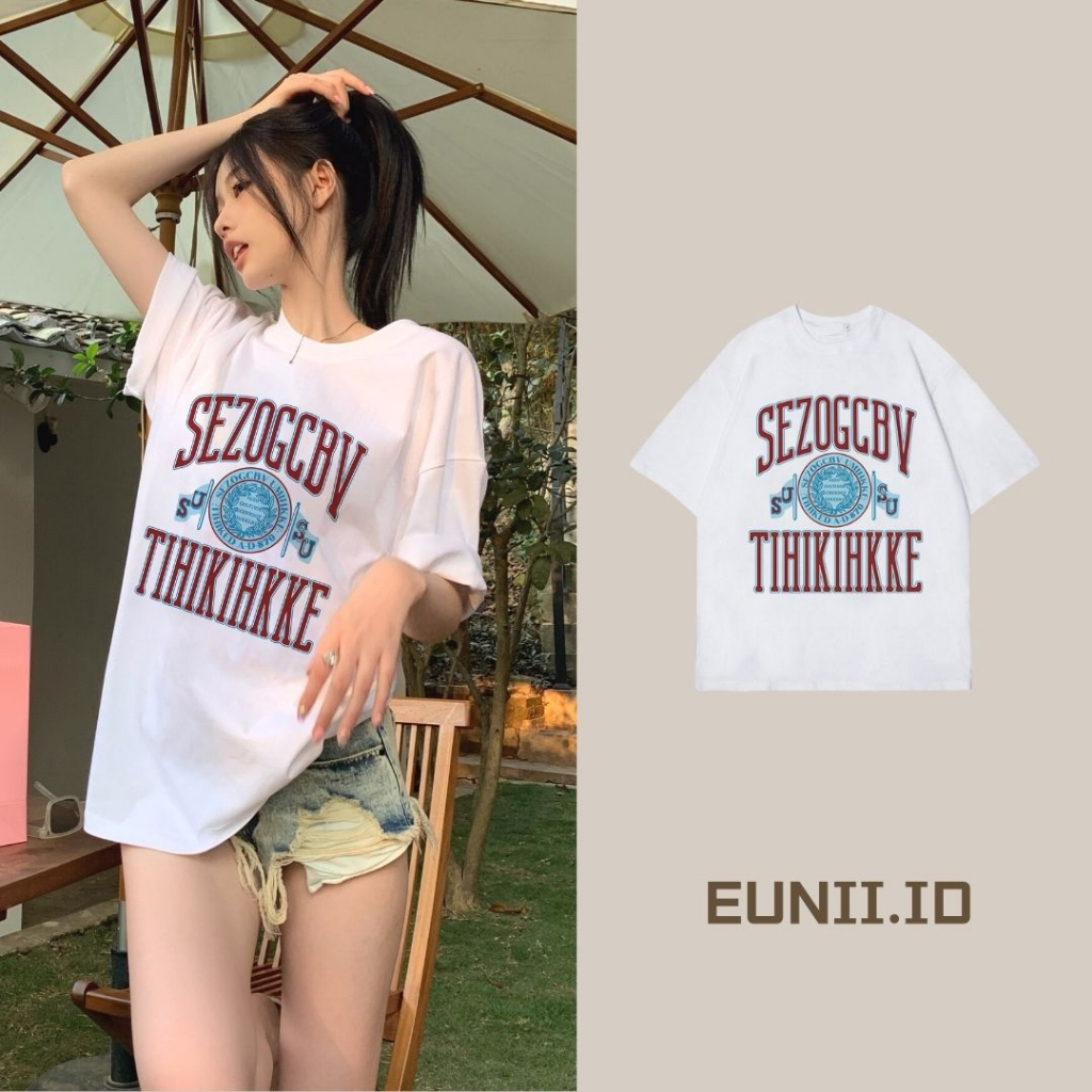 EUNII T-shirt Lengan Pendek Vintage Stamp Korean Style/Kaos Atasan Wanita/Baju Kaus Oversize Wanita/Kaos Wanita