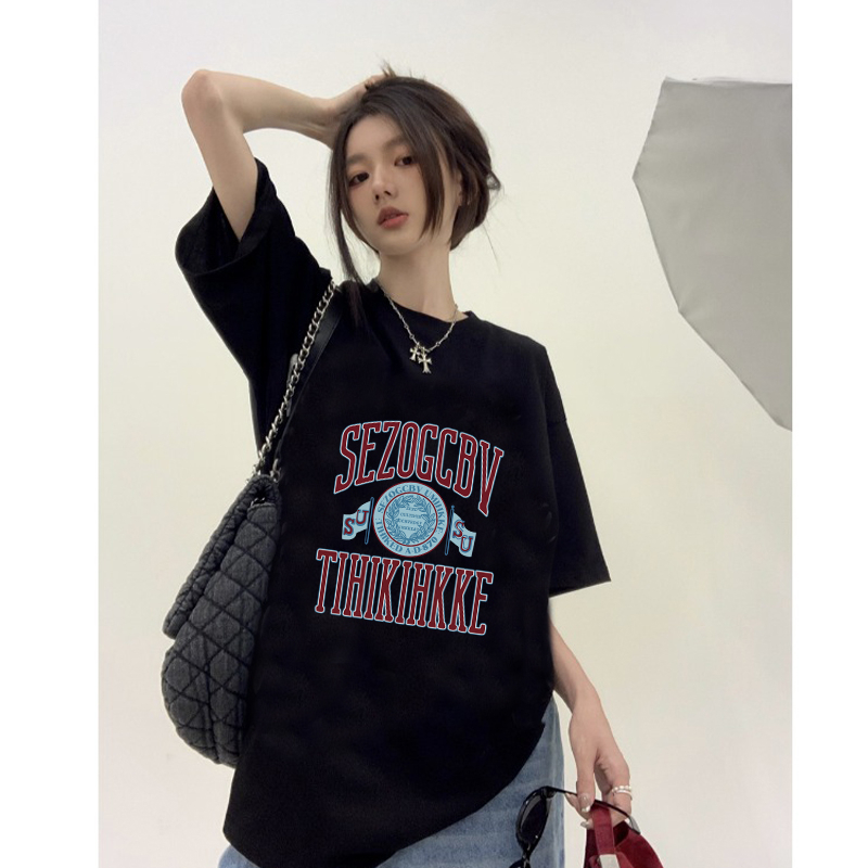American Retro Baju Kaos Wanita Lengan Pendek Letter Motif Printed Kaos Hitam Oversize Kekinian Kaos Basic