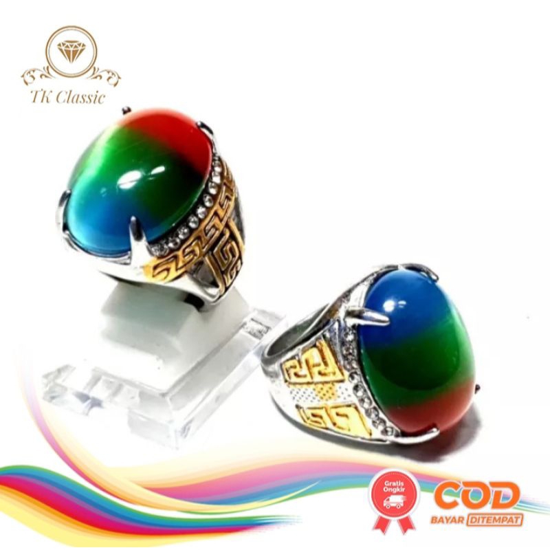 batu akik Tiger eye pelangi jumbo ring titanium