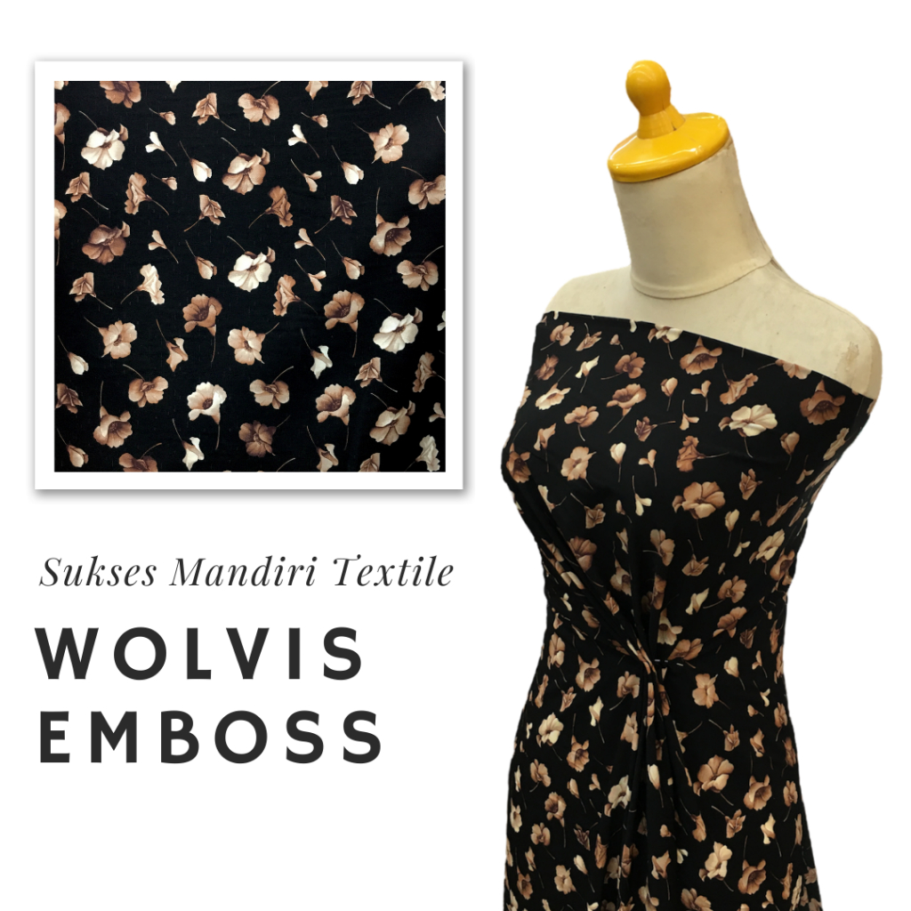 Kain Woolpeach Wolvis Motif Wolvis Emboss Bunga Warna Coklat Keemasan Golden Brown | Lebar 150cm | H