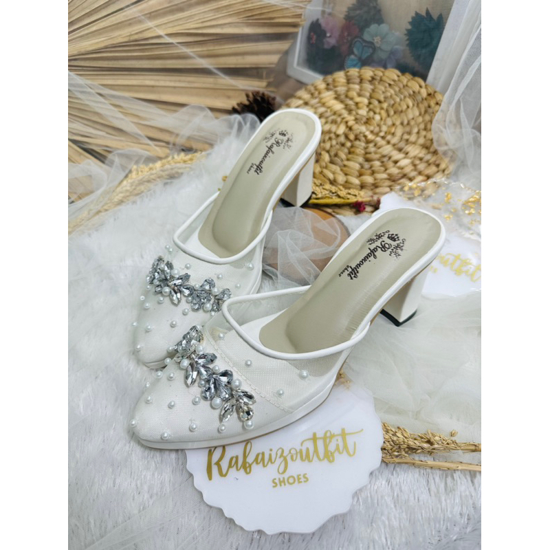 sepatu wedding dhanda tanpa tali putih 9cm platform