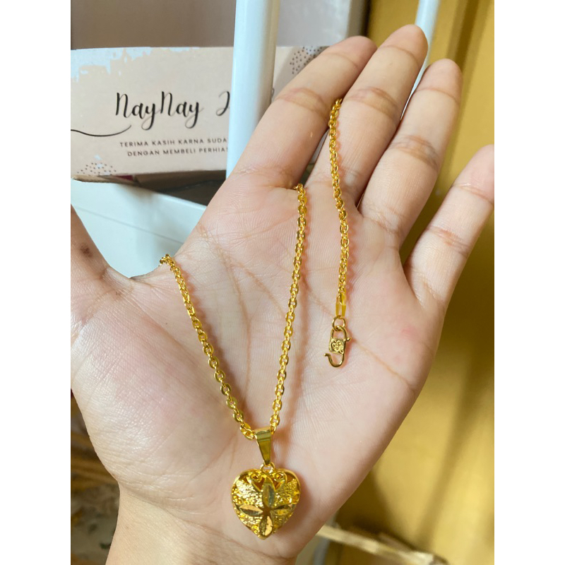 Kalung 2 suku Medan kaca love ukir lapis emas 24k / 45cm