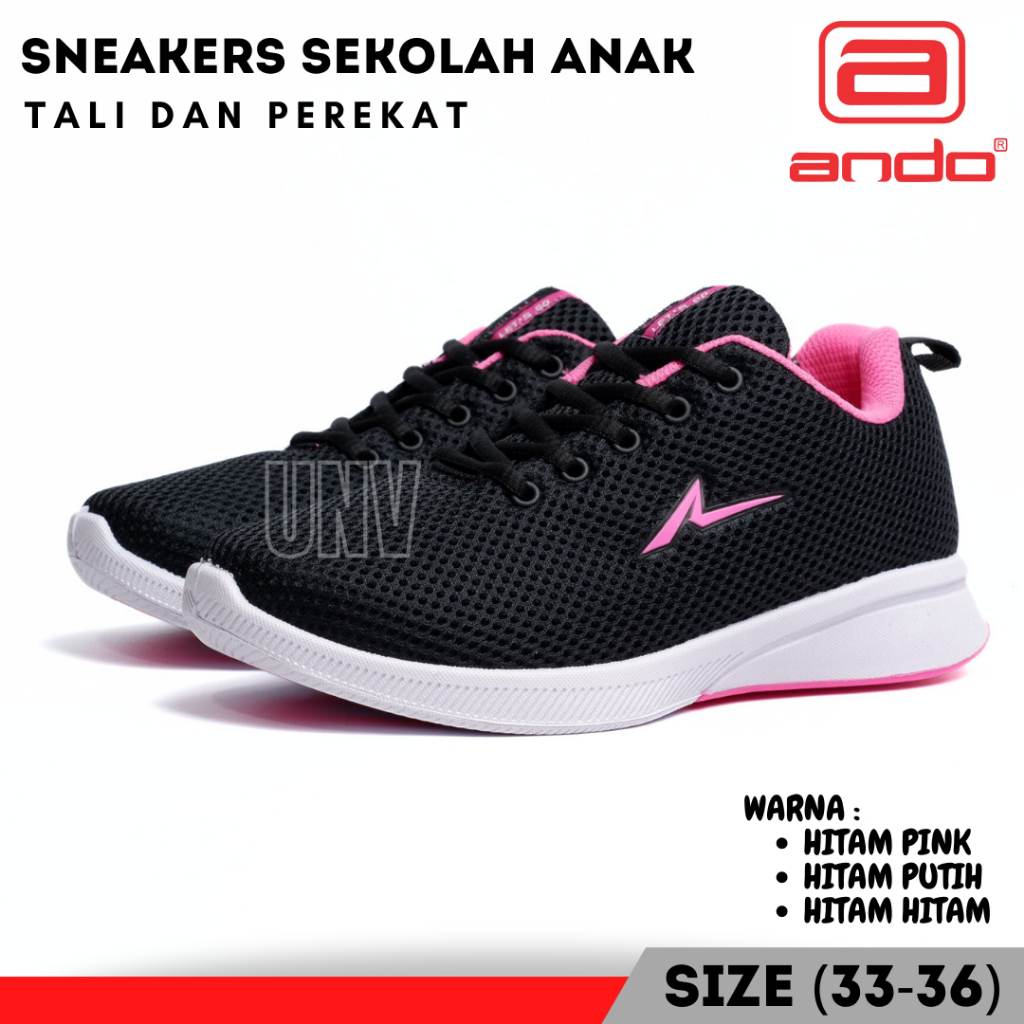 Sepatu Sekolah Perempuan Laki Ando Zora Hitam Pink Tali Spatu Skolah Olahraga SD SMP SMA