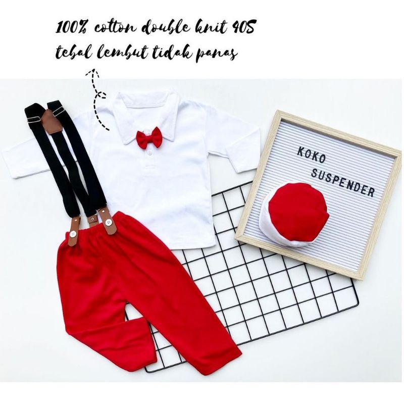 [6-18M] 5in1 Baju setelan koko celana dasi pergi jalan lucu bestseller fashion anak bayi cowok murah / setelan koko tuxedo 5in1 set koko baby boy lucu / hampers baby cowok murah / setelan koko bayi suspender peci dasi celana