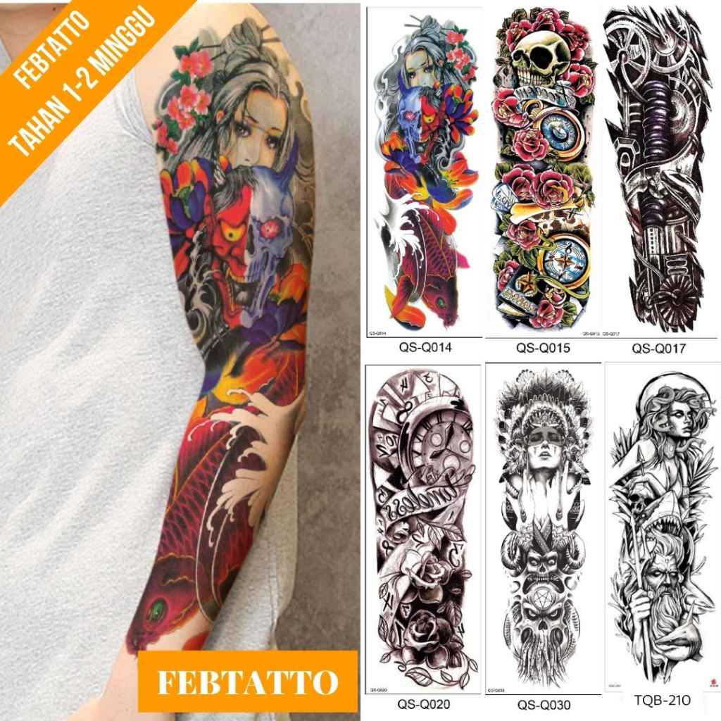 Tato Temporer Full Lengan Ukuran 17cm x 48cm Motif Wanita Gheisya Ikan tengkorak QSQ 014 Tato Lengan