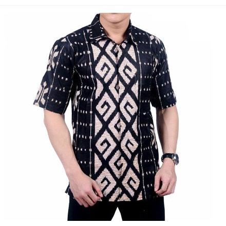 batk katun pria lengan pendek / batik katun pria motif elegan / batik katun motif hitam putih / keme