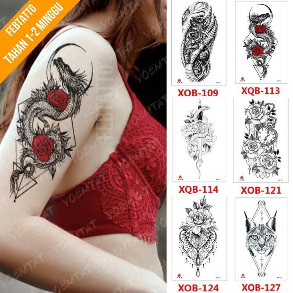 Tato Temporer Ukuran 21cmx11cm Tato Lengan Tato Dada Tato tangan Tato Kaki Tato Punggung Tato Jari  Motif Aesthetic Tatto Temporary Stiker Tato Halal Grosir Tato air motif tribal robot, naga, ular, bunga, macan XQB 113