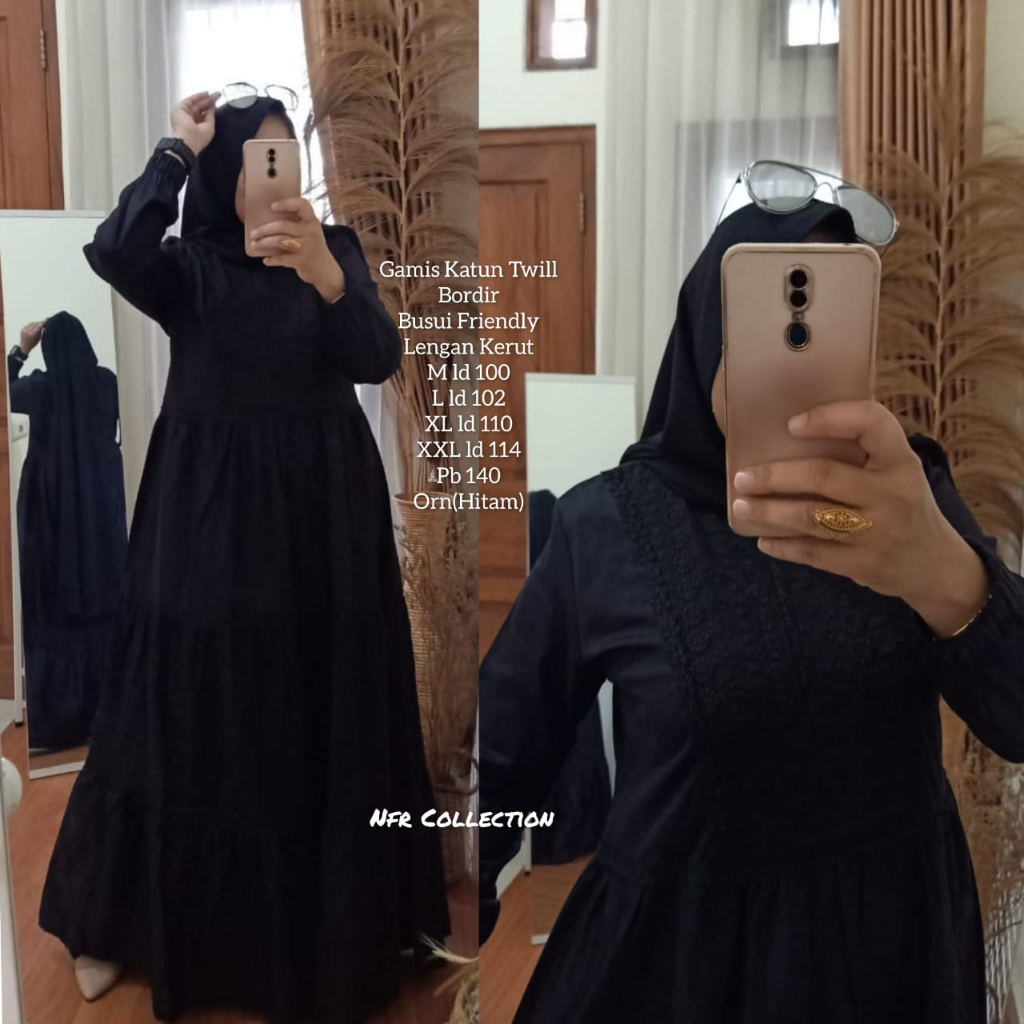 gamis katun twill bordir lidya hitam M ld 100 L ld 102 XL ld 110 jumbo XXL ld 114 pb 140