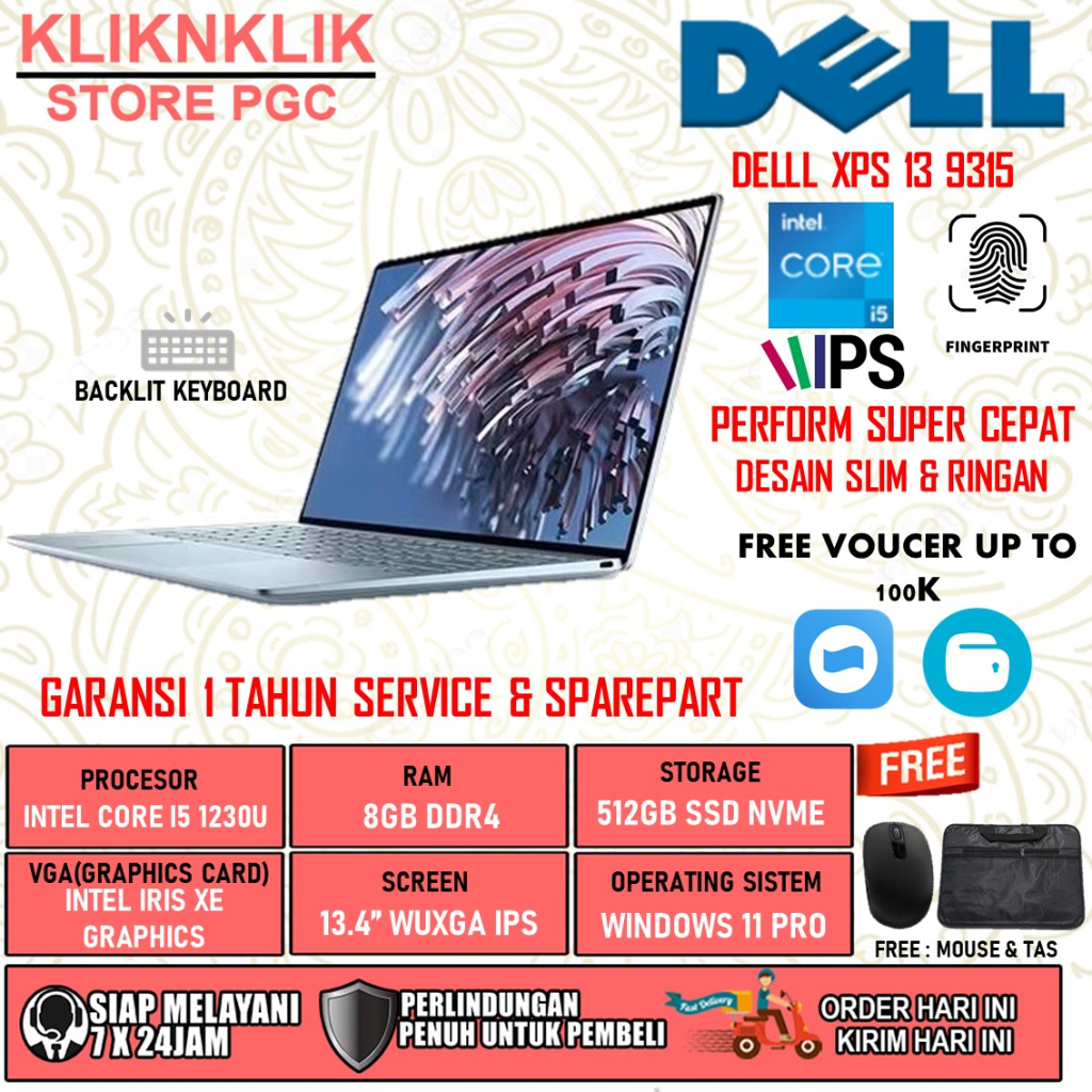 LAPTOP DELL XPS 13 9315 INTEL I5 1230U RAM 8GB 512GB SSD IRIS XE WUXGA BL FP WIN 11 PRO SKY BLUE