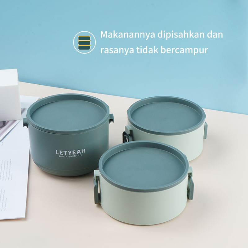 Letyeah &amp; Kaizenliving Bulat Kotak Makan 3 Tingkat Tahan Panas untuk Bekal Kerja Lunch Box