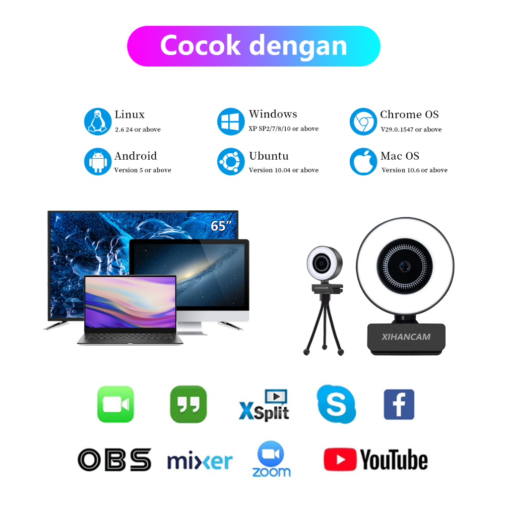 XIHANCAM IP Camera Laptop Usb Webcam 2K Lampu Ring Light Kamera Webcam Laptop With Mic Live Streaming USB Web Cam PC Kamera Laptop Untuk Zoom Meeting Kamera Eksternal Aksesoris Laptop Komputer