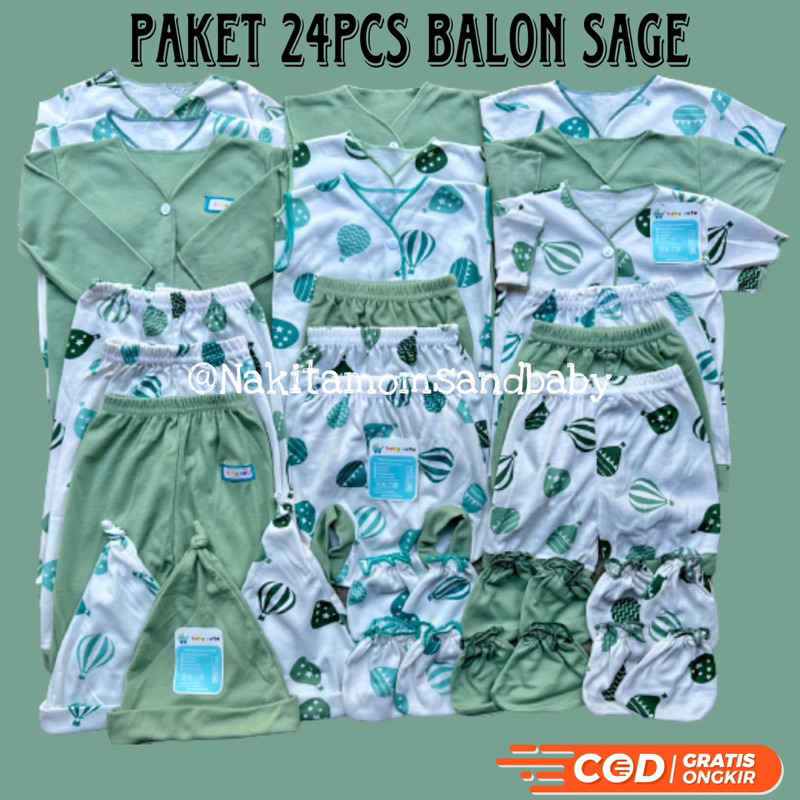 24pcs Paket Komplit Perlengkapan Baju Bayi celana bayi topi sarung tangan kado Baru Lahir, 3-6 dan 6-12 bulan SNI Motif Balon Hijau Sage  Promo 9.9