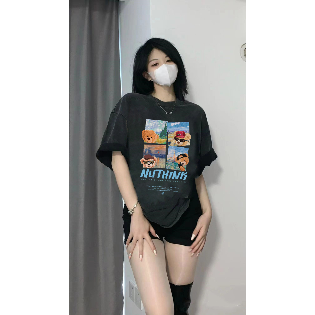 EUNII T-shirt Lengan Pendek Black Washed Cartoon Bear Traveling Printing Korean Style/Kaos Atasan Wanita/Baju Wanita/Kaos Wanita